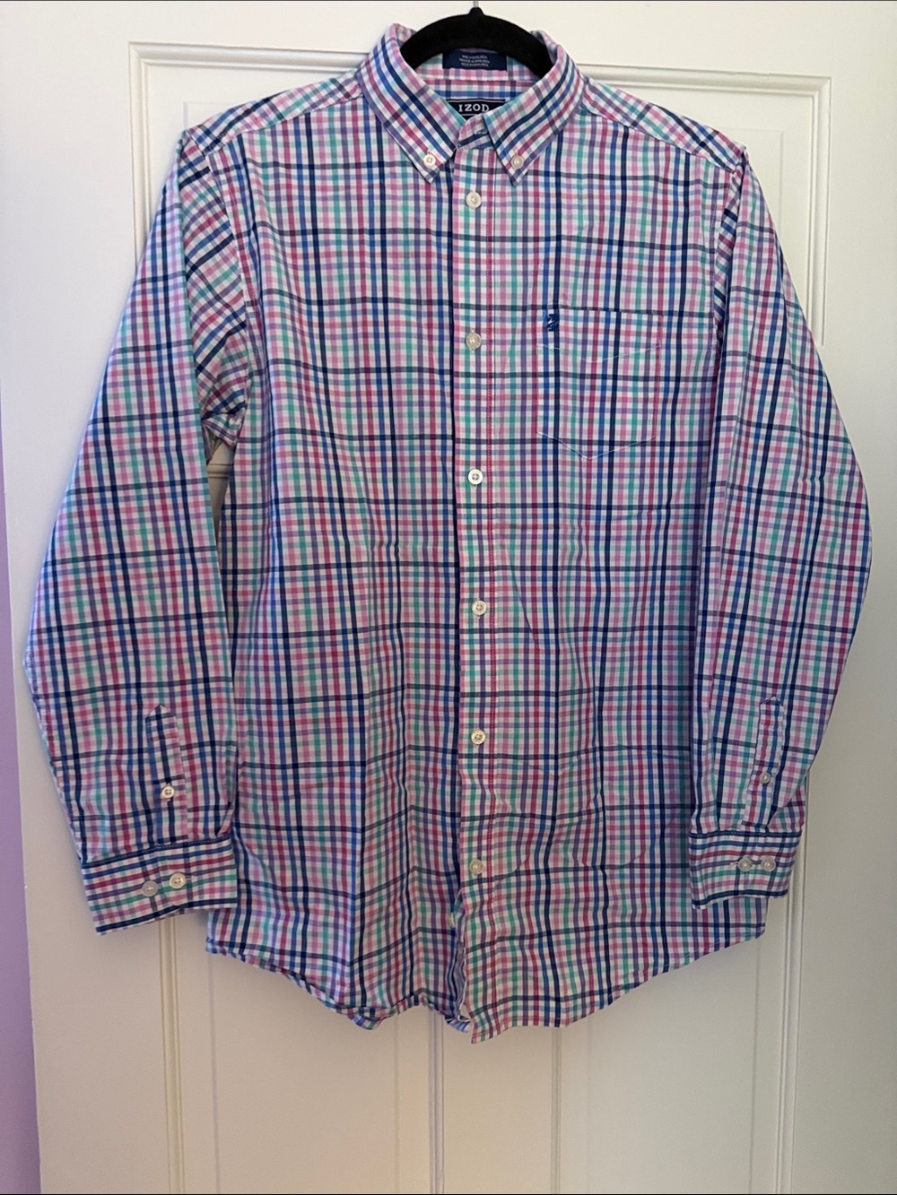 Izod Boy’s Plaid Button-Down Shirt in Blue, Pink & Green